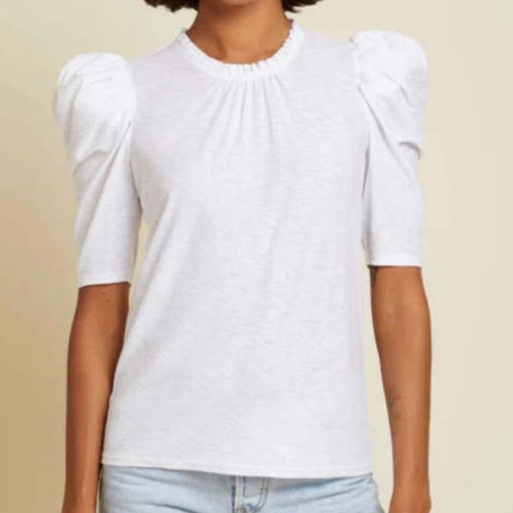 Nation LTD Emma Prim Proper Tee White Pima Cotton Puff Sleeve Ruffle Neck Top M